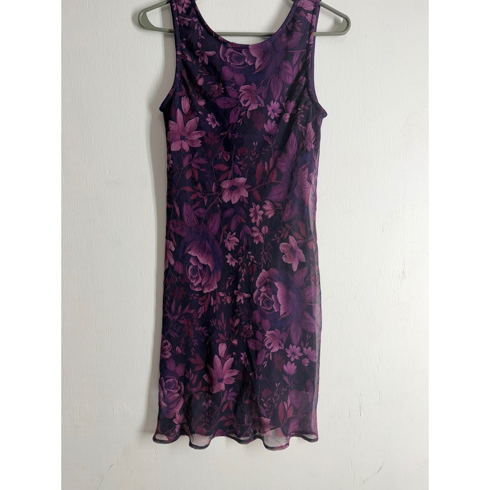 Vintage City Triangles Purple Floral Mesh Mini Dress 90s Y2K Sleeveless Size 3/4